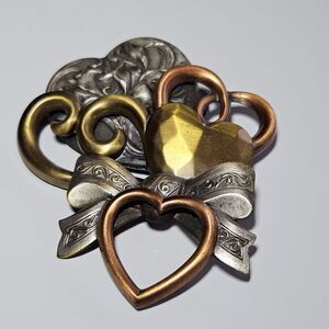 Vintage K&T HEART Brooch Mixed Metal Love Pin Silver Brass Tone Signed Jewelry